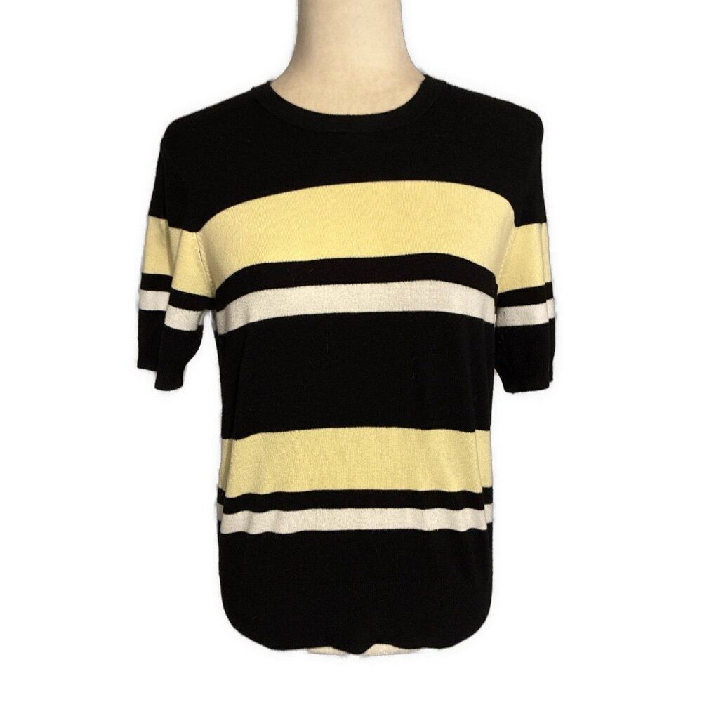 zara womens knit black yellow white striped short sleeve sweater Medium